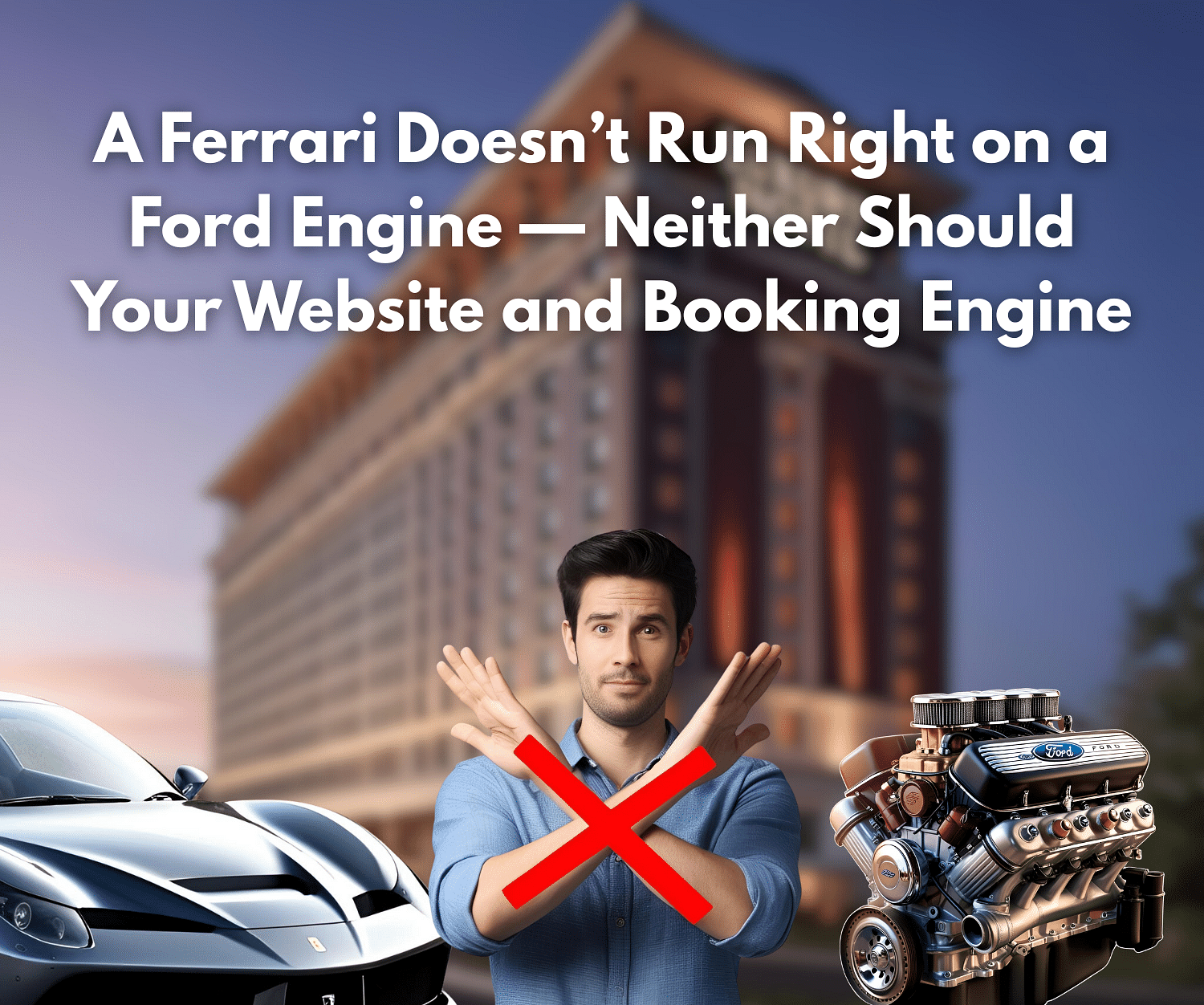 A man gesturing stop between a Ferrari and a Ford engine, with a hotel behind, illustrating a website and booking engine analogy.