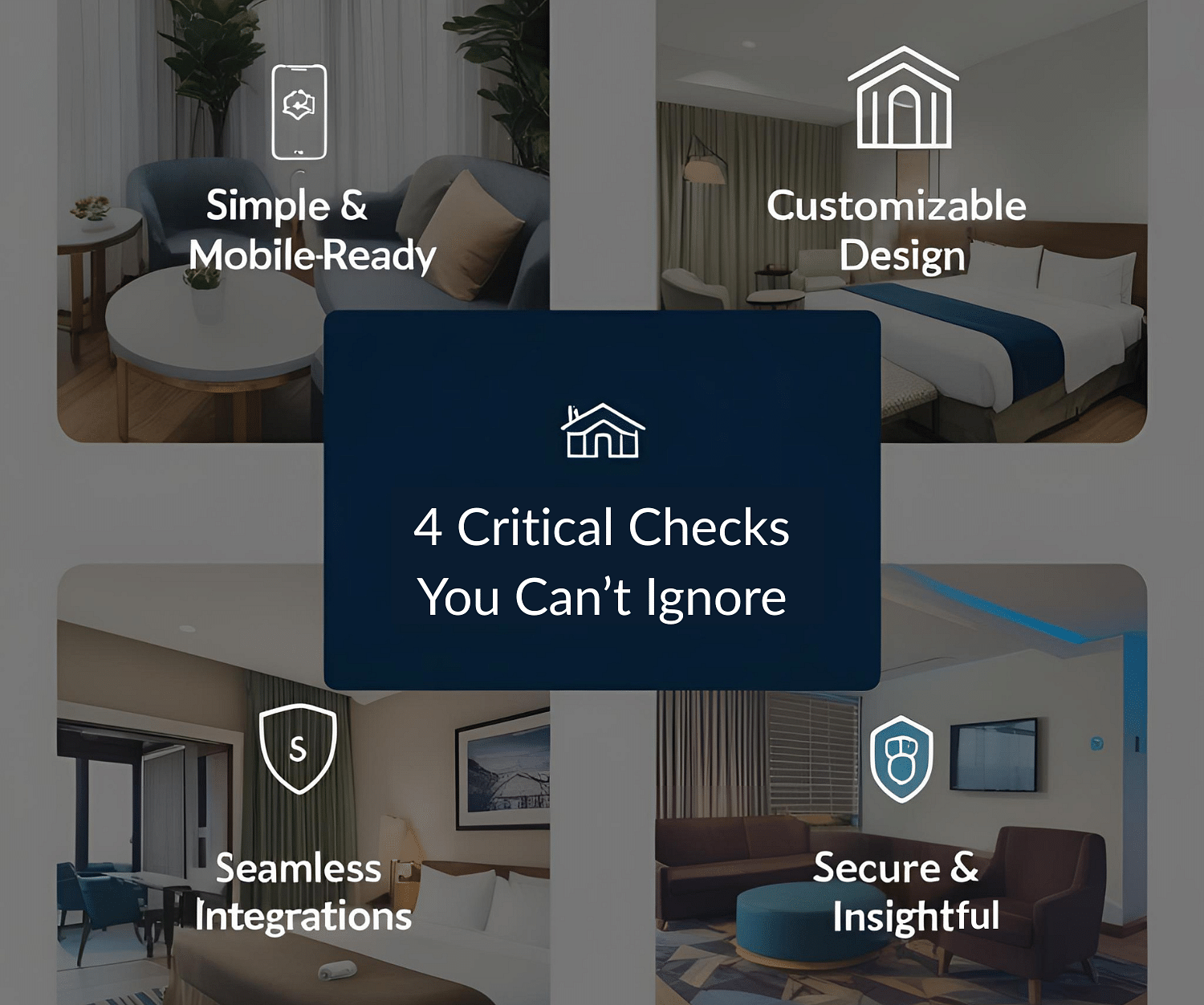 Diagram of four essential hotel booking engine checks: simple mobile-ready design, customizable dashboard, secure payment integration, and insightful analytics