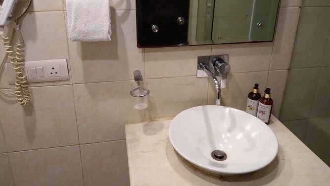 Bathroom sink area with a round countertop basin, wall-mounted faucet, mirror, towel ring with towel, and two toiletry bottles at Rockland Hotel, Panchsheel Enclave, New Delhi.