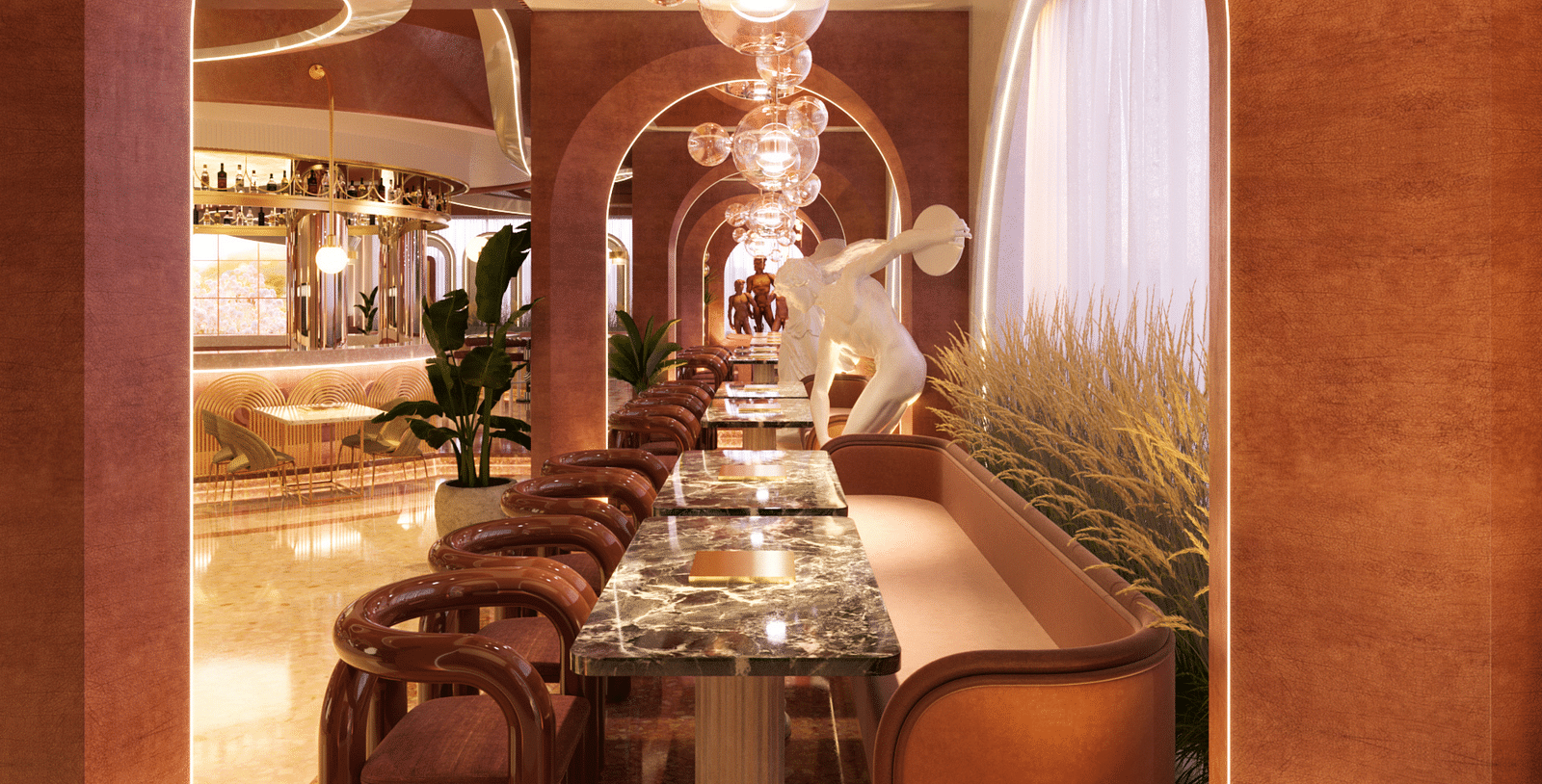 An image of a restaurant featuring long seating with tables and chairs - Themis Barbecue House Ambala