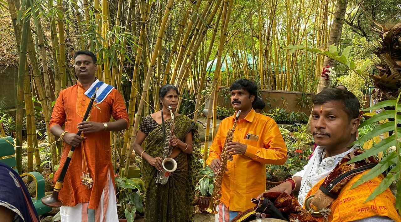 Traditional Band for a wedding procession at Hoysala Village Resort, Hassan