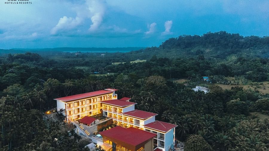 Panoramic aerial view of the Sea Hills Hotels & Resorts, showcasing the property surrounded by lush greenery and tropical landscape - Sea Hills Resort, Swaraj Dweep (Havelock)