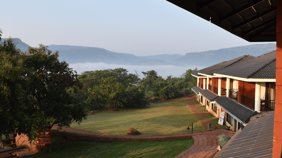 A ground-level view of Forest Escape resort, featuring buildings and a pathway surrounded by lush greenery.