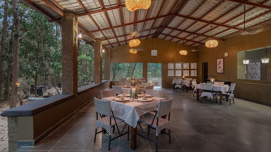 Dining setup at Saccharum Safari Lodge, Balaghat