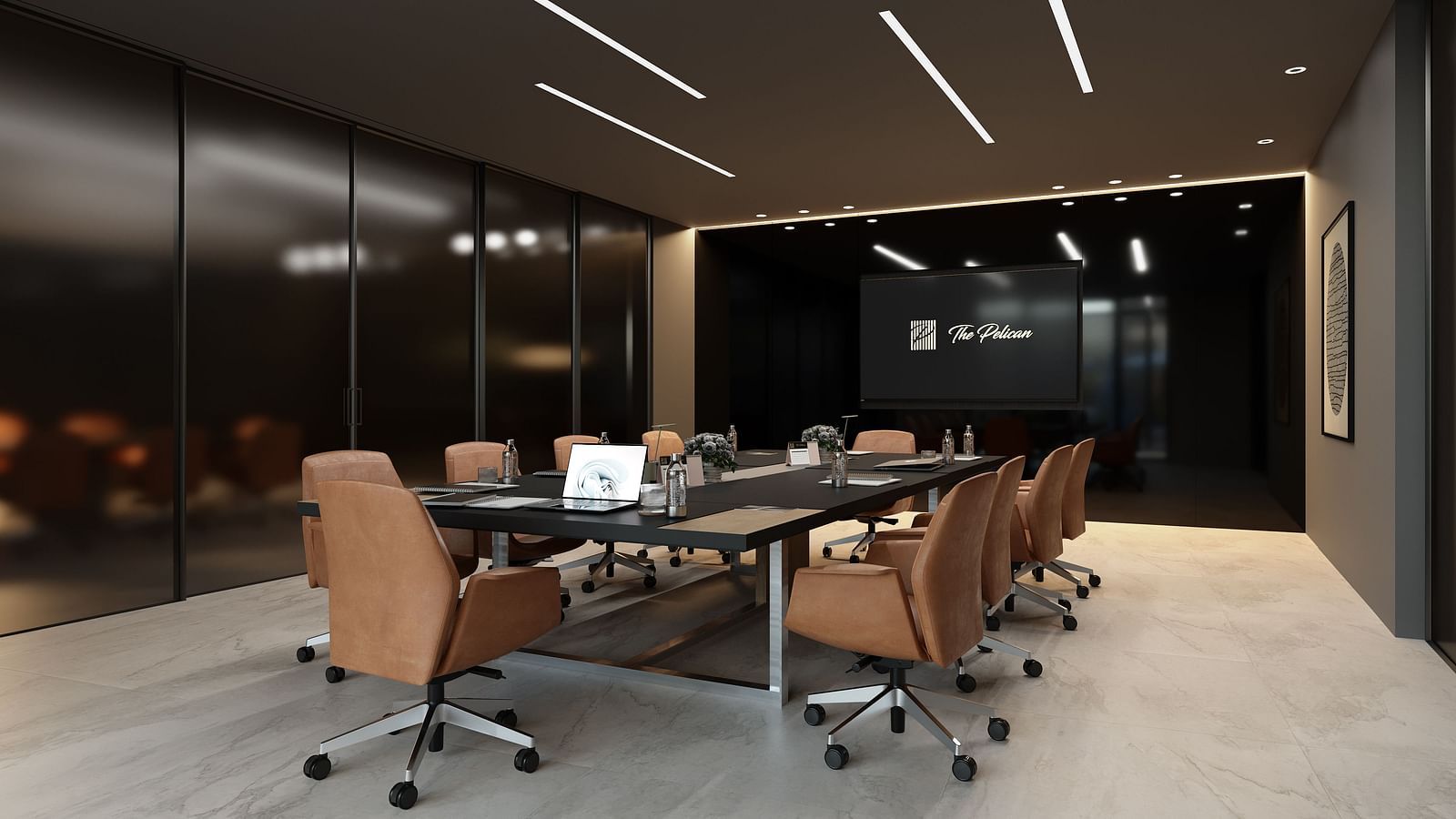 A boardroom meeting area with a large table surrounded by chairs at The Pelican Hotel, Accra.