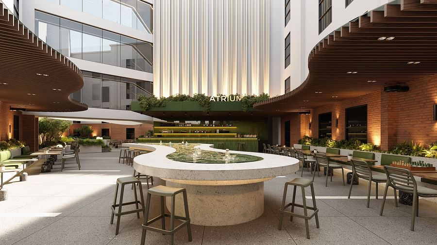 Comfortable dining seating at the Atrium at The Pelican Hotel, Accra.