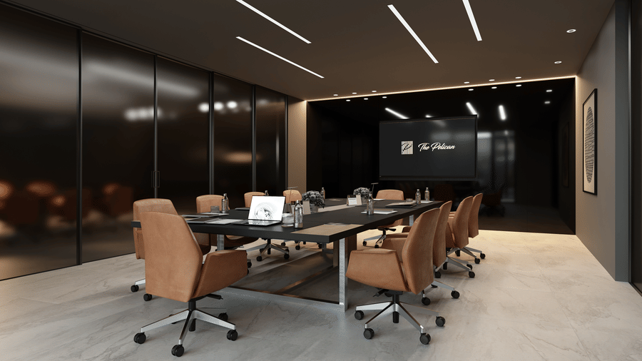 One of the event centres in Accra at The Pelican Hotel featuring a boardroom meeting space with a large table surrounded by chairs under warm lighting