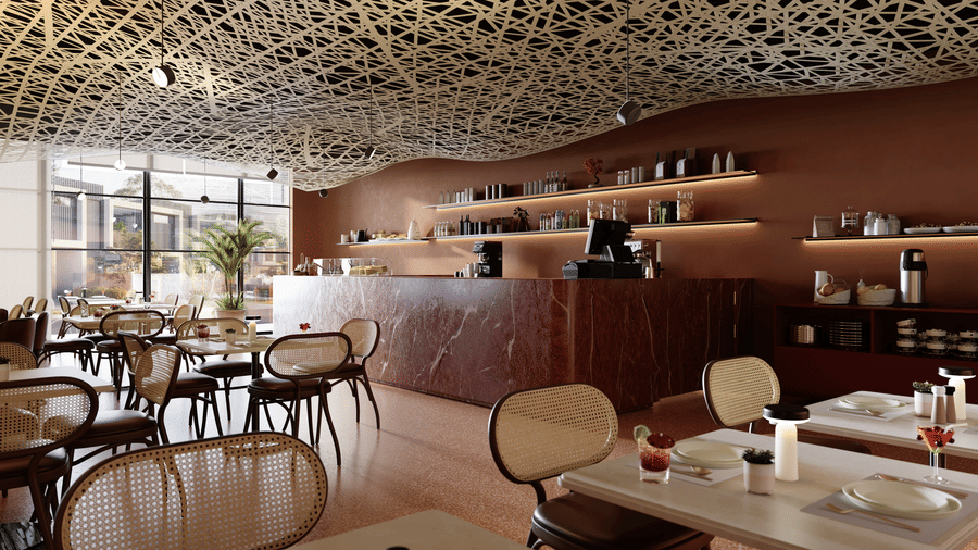 The Beak Bistro featuring seating arrangement and a counter with the coffee machine and items kept on the shelves at The Pelican Hotel for a sumptuous breakfast or brunch in Accra