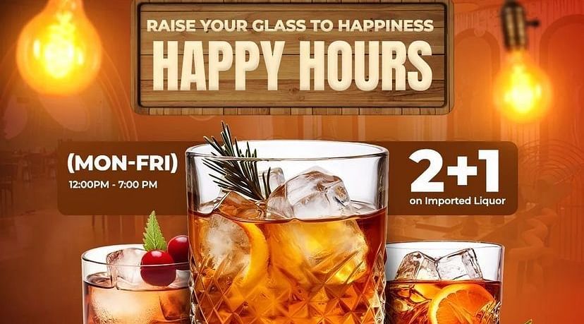 A creative image of Happy hours presenting glasses of drinks at Themis Barbecue House, Ambala