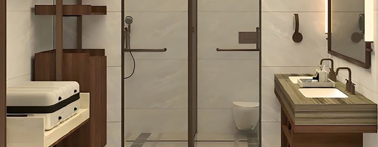 Spacious bathroom in Sanctuary Suites at The Riverview Retreat, Corbett with modern fittings, double vanity, and elegant interiors.
