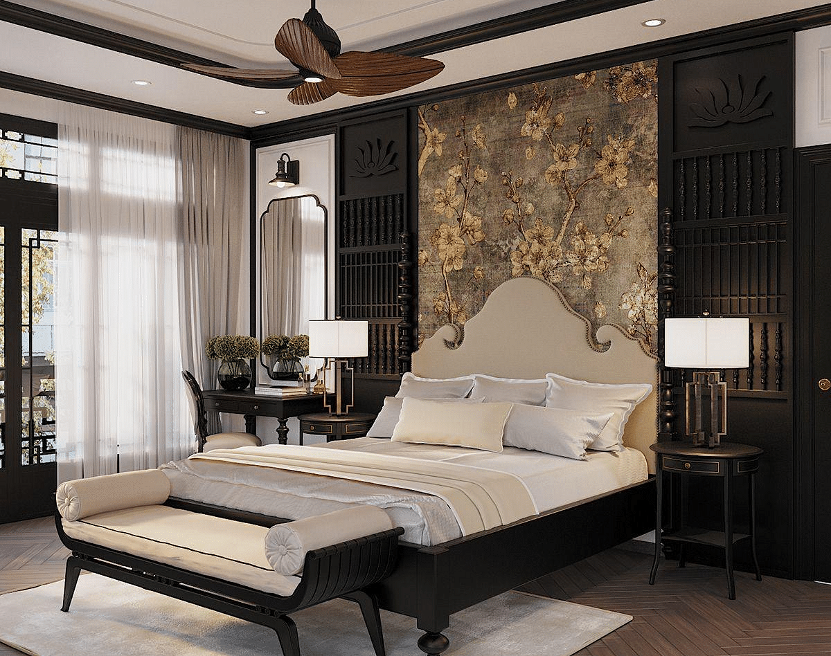 A spacious room with a diagonal view of the large bed, and a large window to the side at The Evren, Vagator.