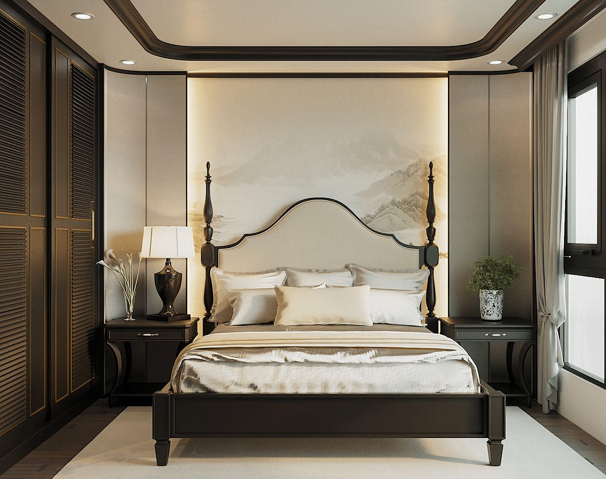 A room featuring a front view of the bed, with bedside tables on either side and windows to the sides at The Evren, Vagator.