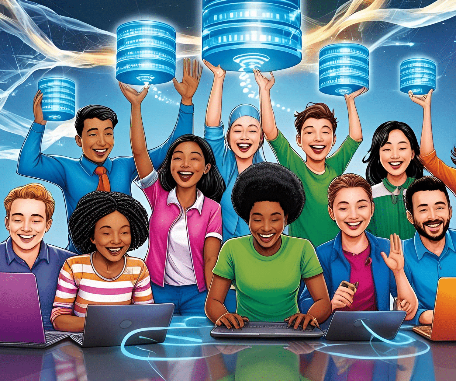 A diverse group of smiling people working on laptops and holding glowing data cylinders in a digital space.
