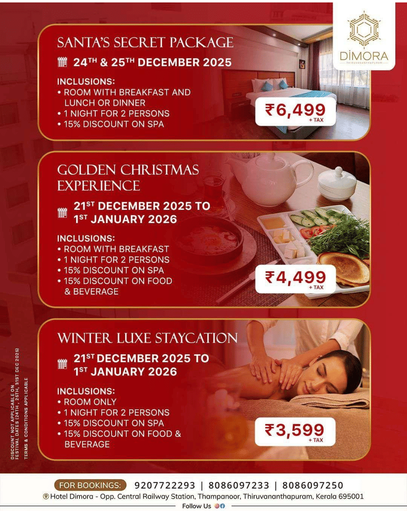 Banner featuring 3 packages i.e. Santa's Secret Package, Golden Christmas Experience & Winter Luxe Staycation at Dimora, Thiruvananthapuram
