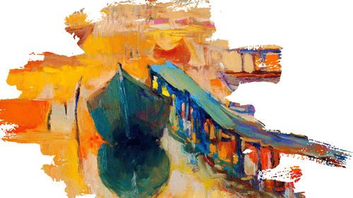Abstract watercolor painting of a boat at sunset with vibrant brushstrokes.