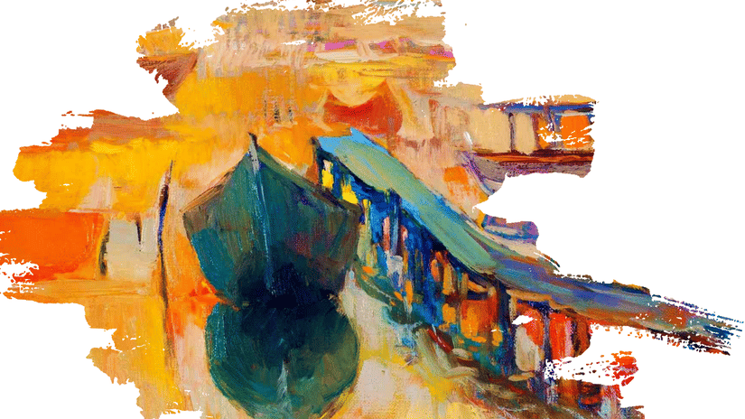 Abstract watercolor painting of a boat at sunset with vibrant brushstrokes.