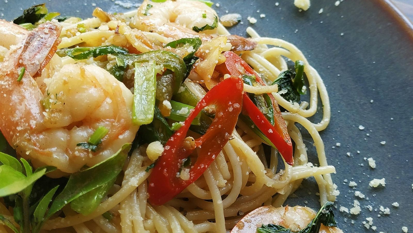 Shrimp Pasta Served on Gray Plate