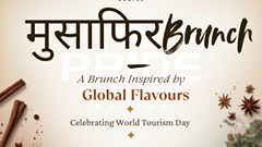 Pride Premier Nagpur poster for Musafir Brunch, a global flavours brunch marking World Tourism Day, set against a travel themed vintage map background.