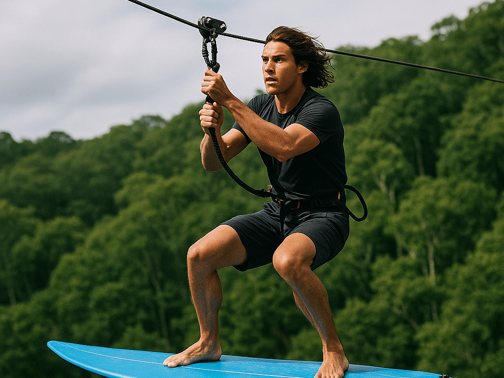 A man zip surfing surrounded by luscious green trees and a clear blue sky.