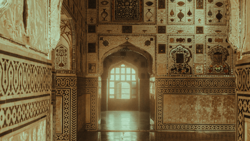 Intricate mirror work inside trhe Sheesh Mahal, inside the Amer Fort.