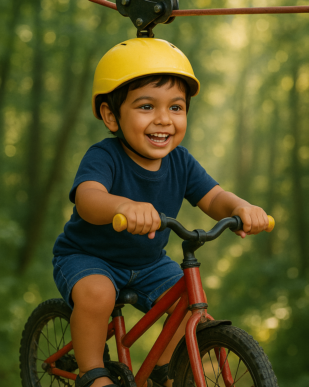A toddler zip cycling amongst luscious green forest.