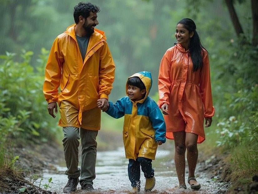  Family in colourful raincoats walking through lush greenery.