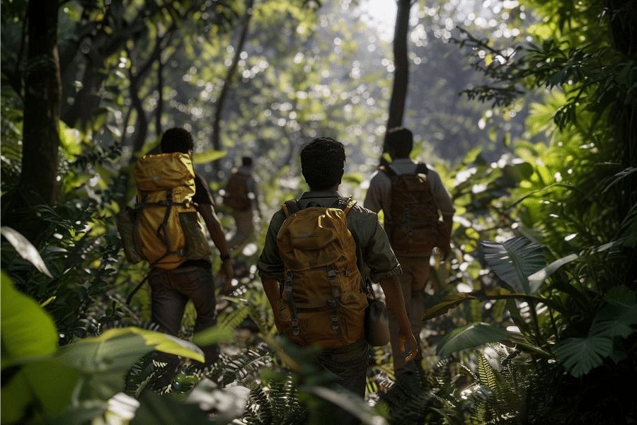 A group of four men with backpacks, hiking through a dense forest, with sunlight filtering through the leaves and reaching the ground.