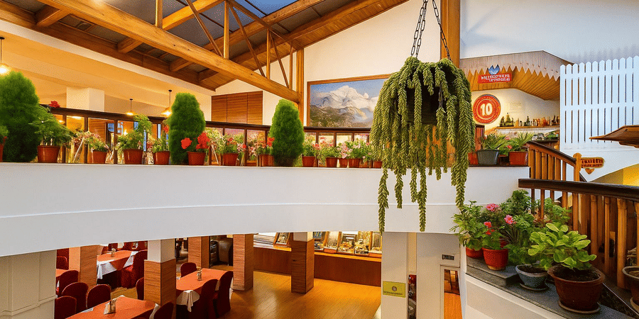 Dining space at Central Heritage Resort and Spa featuring two storeys: the ground floor is an Orchid Restaurant and the floor above is a Sunset Bar and Lounge