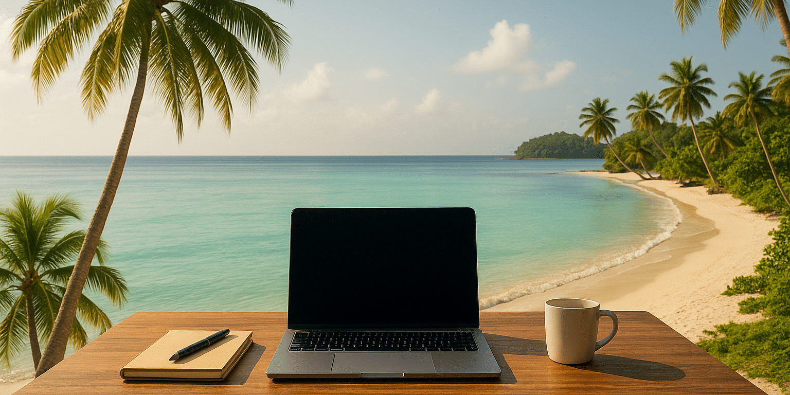 A serene tropical beach setting with a wooden table in the foreground. On the table are a laptop, a notebook with a pen, and a coffee mug, suggesting a remote work setup. In the background, clear turquoise water, white sandy beach, and lush palm trees crea
