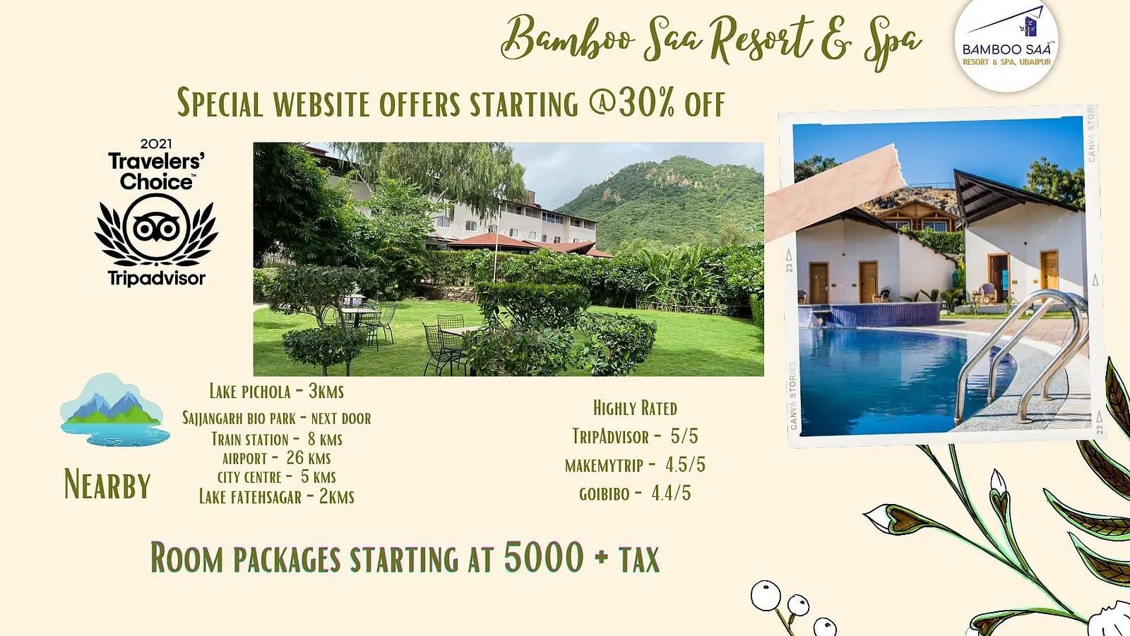 Brochure with resort details, pool, rooms, and rates.