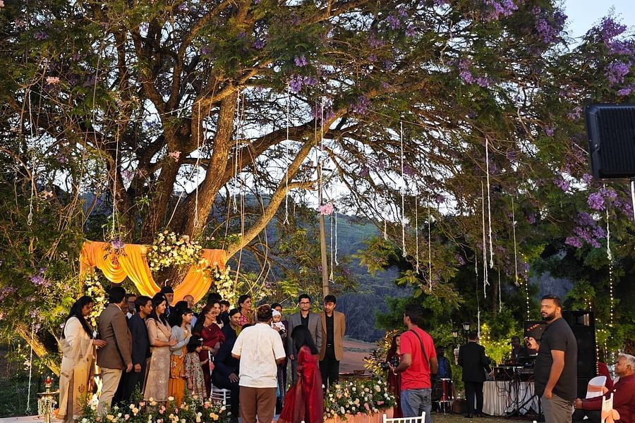 Outdoor wedding setup under a large tree decorated with purple flowers and an orange draped altar, with guests gathered around in Coonoor - Ibex Stays & Trails, Coonoor (Leewood).