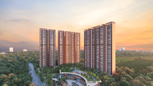 A far out view of a skyscraper amidst lush greenery.