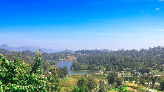 Panoramic view of Kodaikanal valley featuring Kodai Lake, dense forests, rolling hills, and clear blue skies stretching across the horizon.
