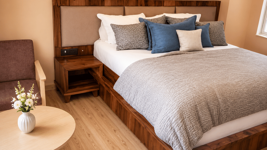 Hotel room with a bed dressed in grey and blue linen, a wooden headboard, a round side table with flowers and light wooden flooring below.