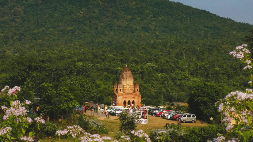 a temple visible over flowers with cars around with a hill in the background.
