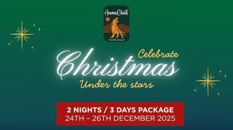 Christmas celebration offer poster for AamaGhati Wildlife Resort showing 2 nights/3 days package details, room prices, dates, and festive messaging with resort image.