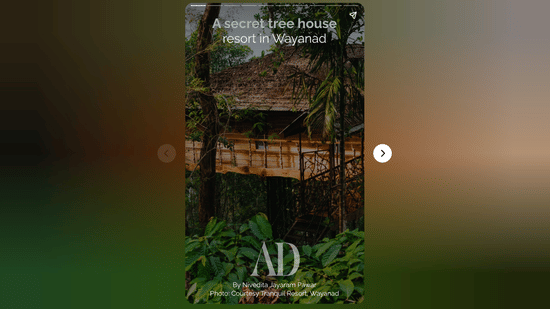 An Architectural Digest web story featuring a hidden, rustic wooden treehouse surrounded by green coffee plantation foliage at Tranquil Resort, Wayanad.