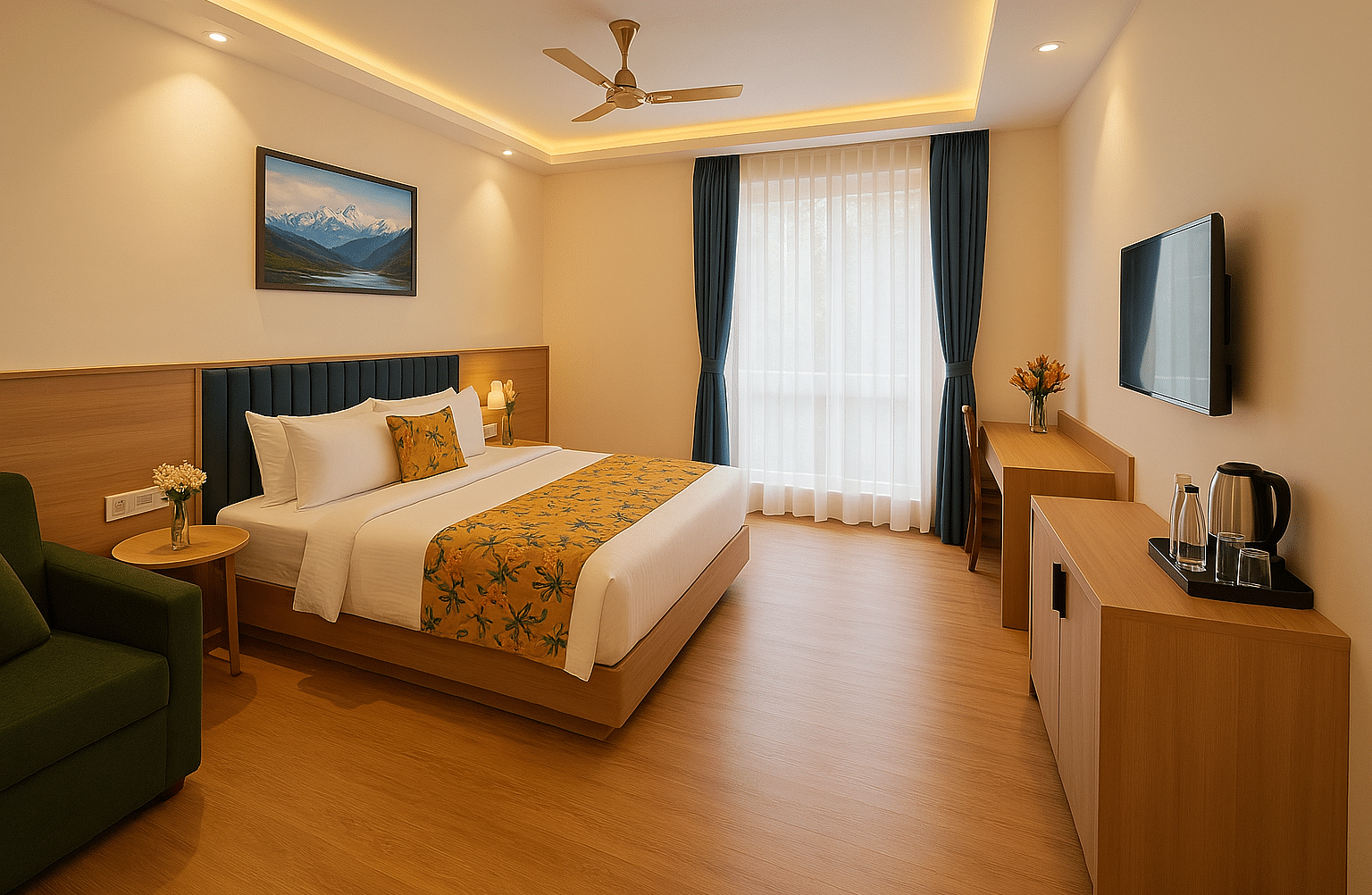 Side view of King Executive Room with a cosy king sized bed, wall-mounted TV, and elegant ceiling design at Summit Norling Resort & Spa, Gangtok