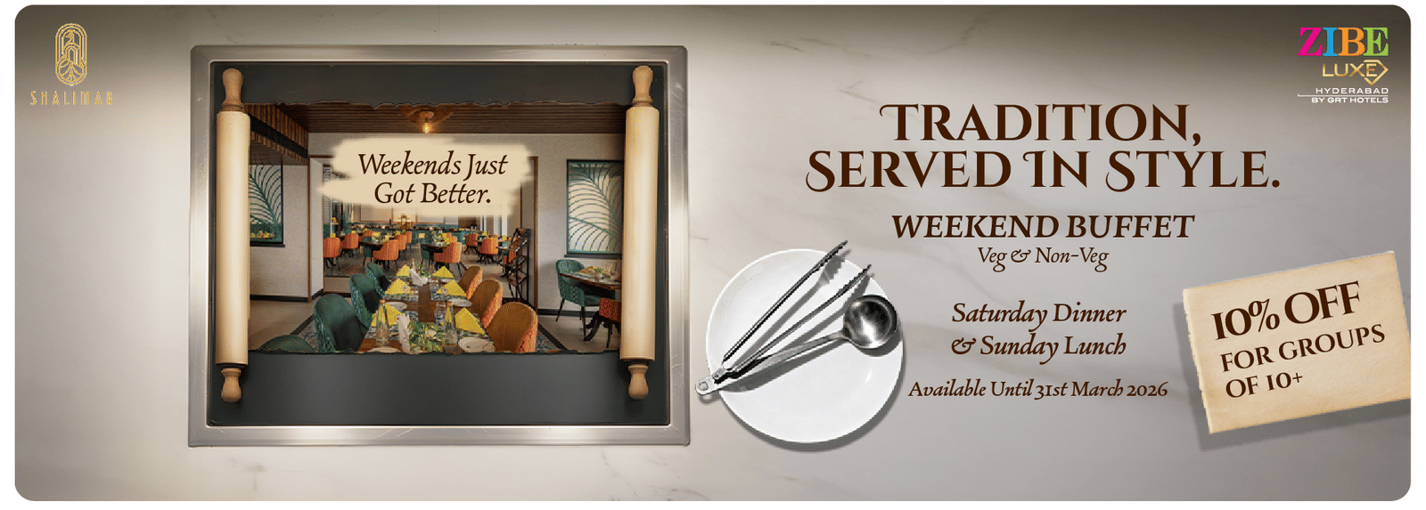 Promotional creative for Shalimar showcasing a weekend buffet offer with veg and non-veg options, group discount details, and an image of the restaurant interior.