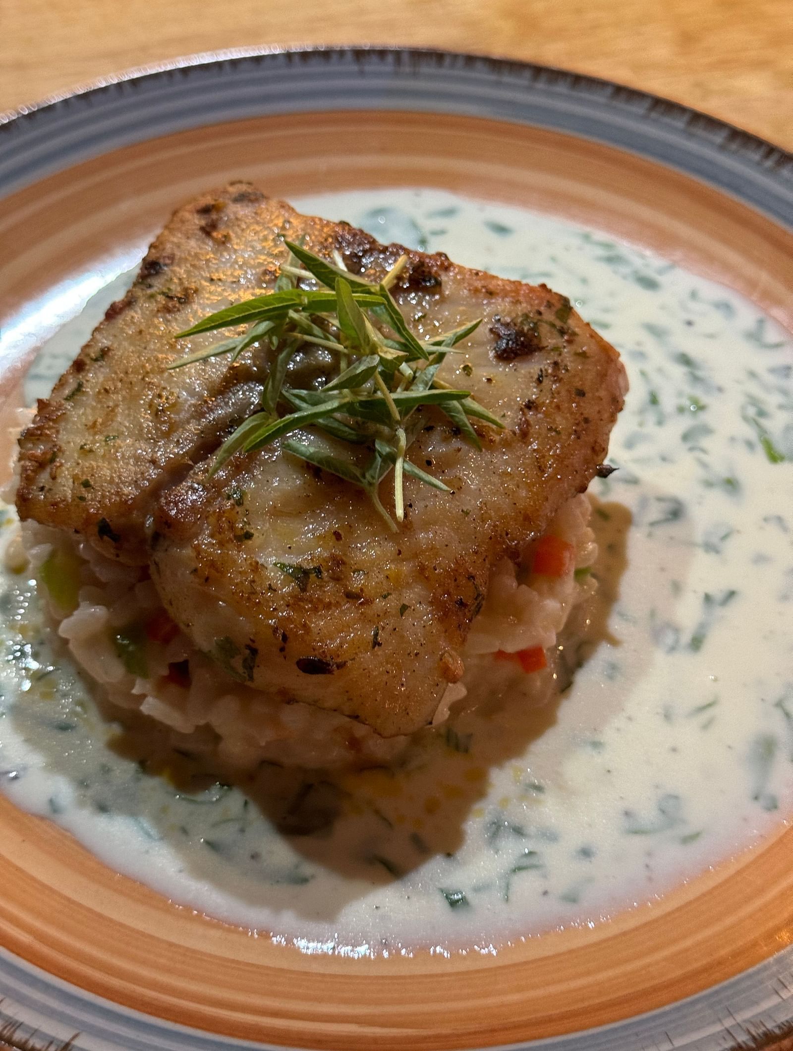 A plated dish of savoury food, garnished and served on a patterned plate at Cenneys Gateway.