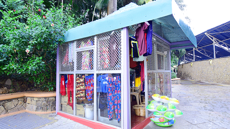 Water Kingdom swimwear shop showcasing swimsuits and water park essentials through large display windows.