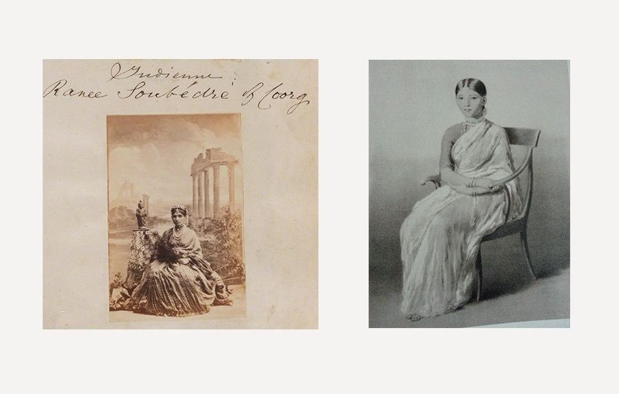 Sepia photo and drawing of Rani Soubédre of Coorg.