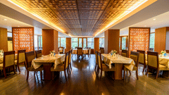 restaurant designed with warm colours and mellow lighting