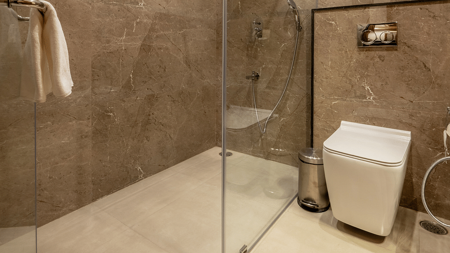 a modern bathroom with a separate showering area separated by a glass partition - Brij Castle, Jaipur