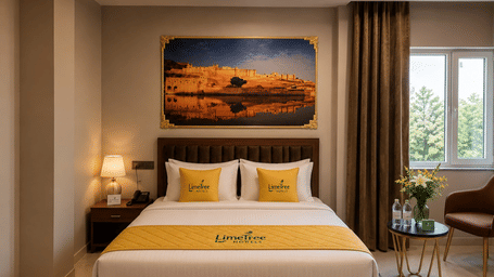 A well-lit hotel bedroom featuring a neatly made bed with white and yellow bedding, a large picture frame on the wall above the headboard, and a window with brown curtains.