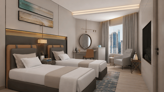 Twin bedroom at Tulip Inn Bidar featuring 2 single beds, bedside table, 2 wall artworks, a dressing desk with a mirror, armchair, and wall television.