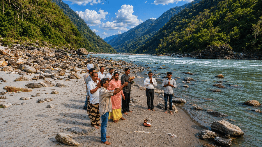 Guests and staff performing an evening Ganga Aarti ritual by the river at Neemrana's Glasshouse on The Ganges - 21st Century, Rishikesh.