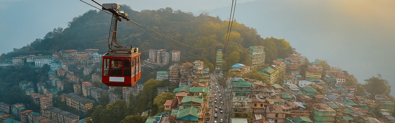 A aerial view of Gangtok city with a red cable car gliding over colorful hillside buildings and winding roads, surrounded by lush green forests and misty Himalayan mountains