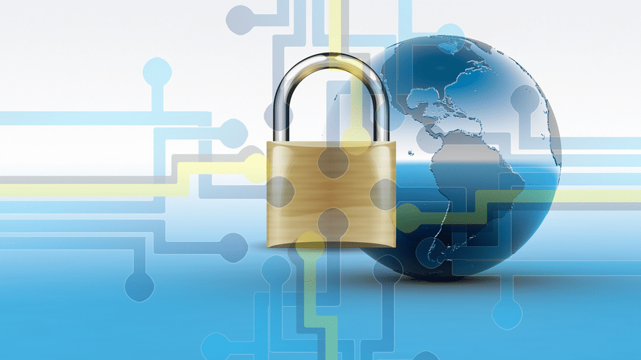 A banner for cyber security featuring a closed brass padlock positioned in front of a blue digital globe, set against a background of circuit board lines.