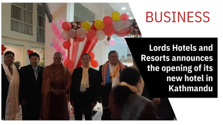 Group of dignitaries standing at a decorated entrance with balloons during the announcement of Lords Hotels & Resorts’ new hotel in Kathmandu.
